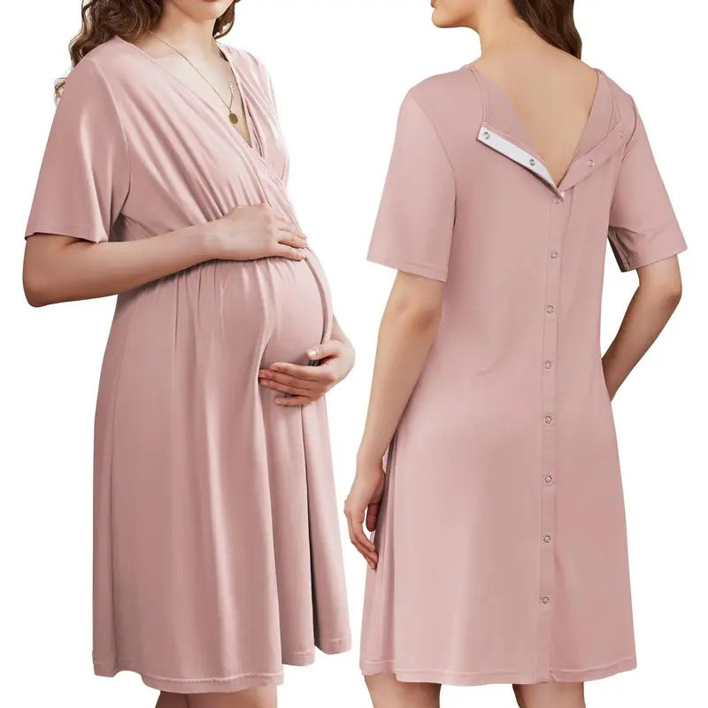 New Deep V Breathable Loose Short-Sleeved Breathable Maternity Dress