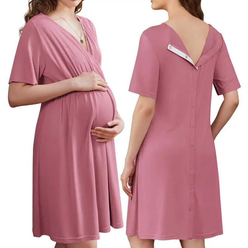 New Deep V Breathable Loose Short-Sleeved Breathable Maternity Dress